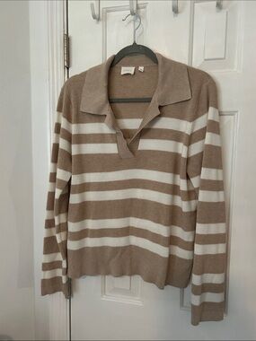 Summer Striped Polo Sweater - Cream and Tan
